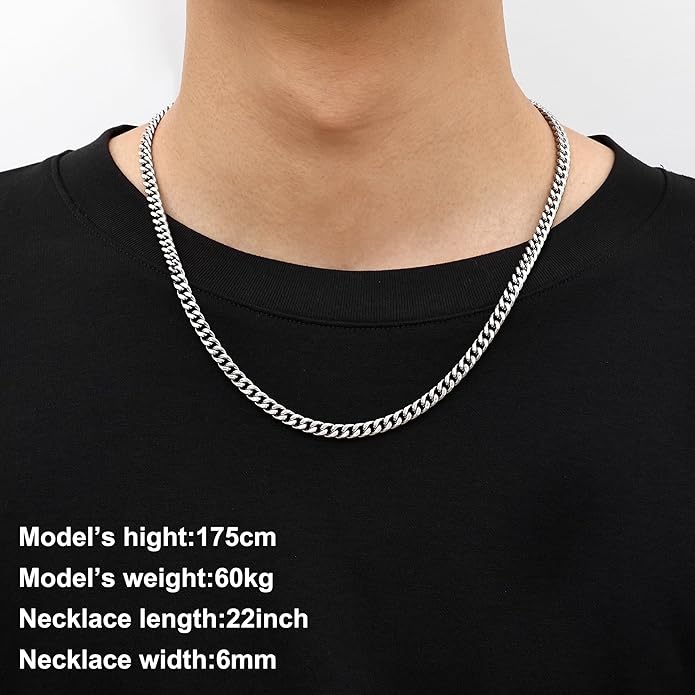 Fiusem Valentines Day Gifts for Him Silver Tone/Black/14K Gold Plated Chain Necklace for Men, 5mm/6mm/7.5mm/8mm/9mm Stainless Steel Cuban Link Chain Necklace, Men's Chains 18-28 Inch Jewelry Gifts