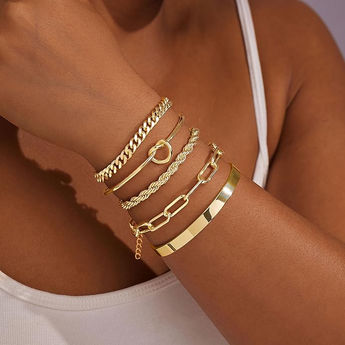 Gold Bracelets for Women Non Tarnish, 14K Gold Plated Chunky Cuff Bracelet Gold Bangles Bracelet for Women Trendy Tie Knot Cuban Rope Paperclip Beaded Bracelet Stack Jewelry Gifts