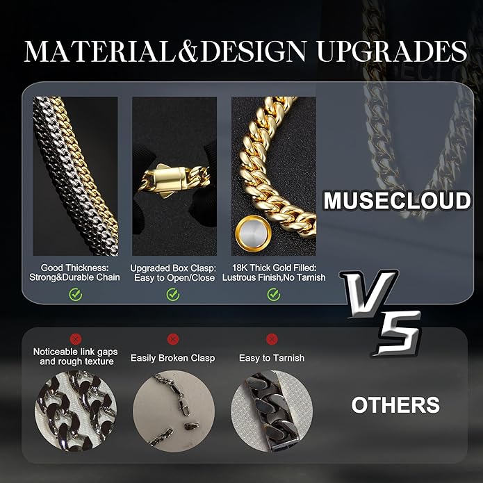 MUSECLOUD Gold Cuban Link Chain for Men Mens Stainless Steel Miami Curb Chains Necklace 5/8mm Thick Real Gold/Silver/Black Plated Diamond Cut Non-Tarnish Jewelry Trendy Christmas Gifts 18-26 Inch