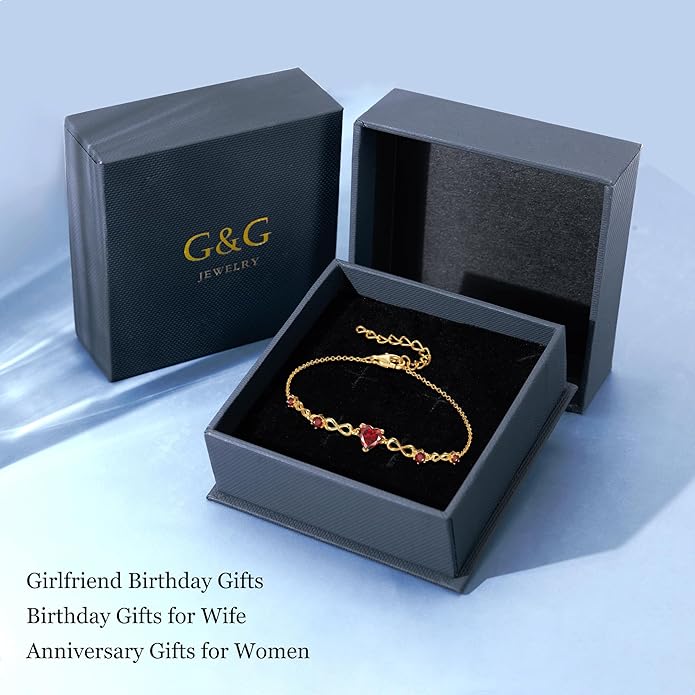 G&GEMSJEW Infinity Heart Birthstone Bracelets for Women, 925 Sterling Silver Women Charm Link Bracelet Adjustable, Birthday Anniversary Christmas Jewelry Gifts for Women Wife Mom Girlfriend Her