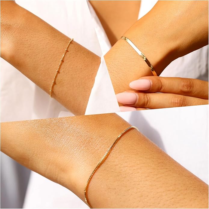 Gold Bracelets for Women Trendy,14K Gold Plated Dainty Stackable Paperclip Cuban Link Chain Bracelets, Simple Cute Cuff Bracelets Jewelry Set Adjustable 7"+2"