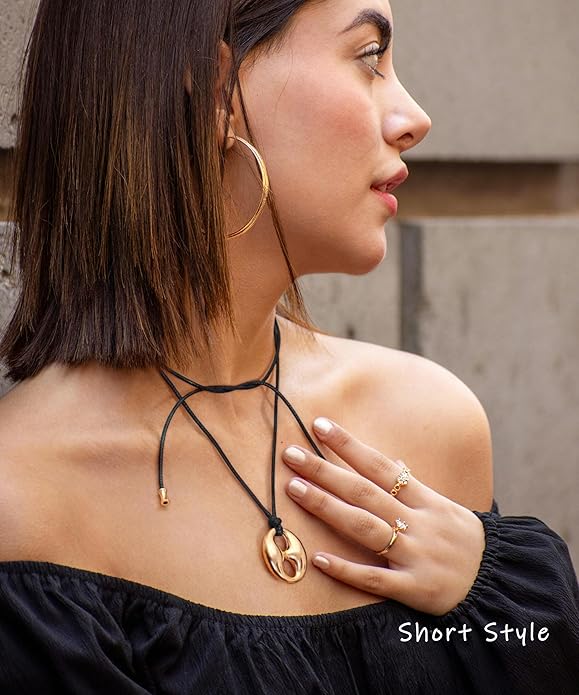 Aobei Pearl Y Shaped Long Necklaces for Women Large 18K Gold Plated Pig Nose Pendant Choker Adjustable Black String Cord Necklace Boho Handmade Jewelry