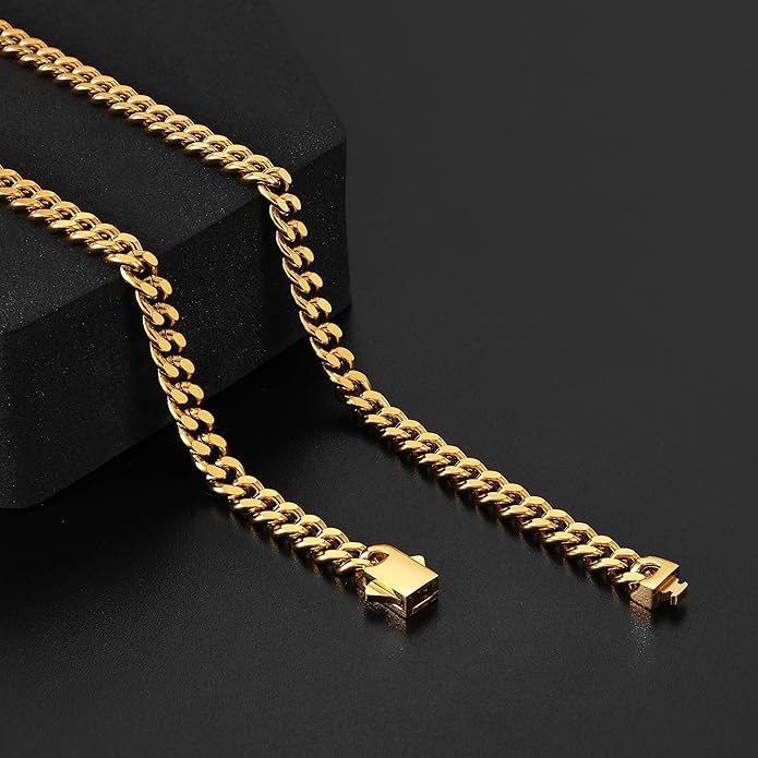Fiusem Valentines Day Gifts for Him Silver Tone/Black/14K Gold Plated Chain Necklace for Men, 5mm/6mm/7.5mm/8mm/9mm Stainless Steel Cuban Link Chain Necklace, Men's Chains 18-28 Inch Jewelry Gifts