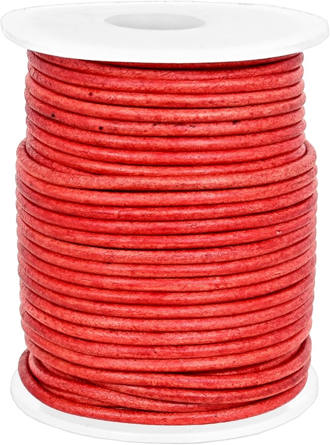 GENIQUE Real/Genuine Round Leather String Cord for Necklace, Bracelets, Jewellery, Braiding (2mm, Red Distressed)
