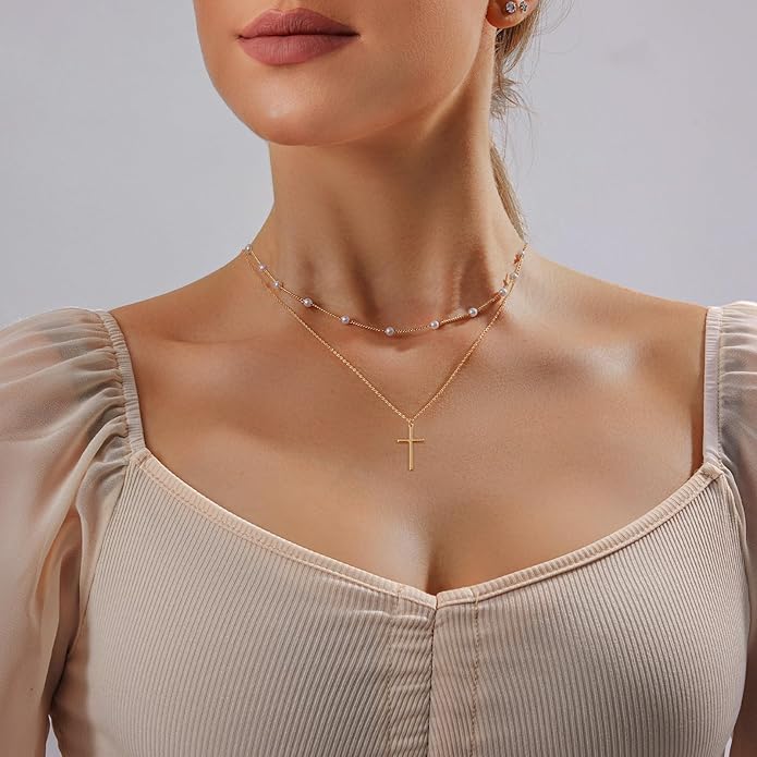 Partm Gold Cross Necklace for Women 14K Plated Dainty Pendant Cross Chain Faith Crucifix Choker Baptism Necklace for Women Trendy Religious Jewelry Hypoallergenic