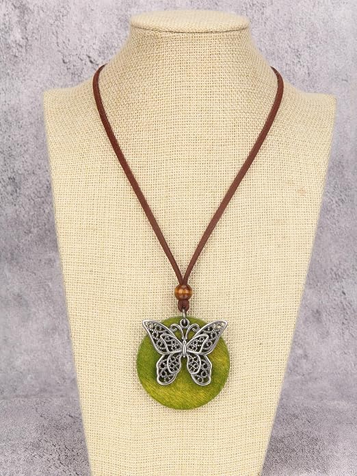Long Boho Necklaces for Women Vintage Leather Wooden Pendant Y Choker Ethnic Style Gold Circle Hippie Sweater Necklace