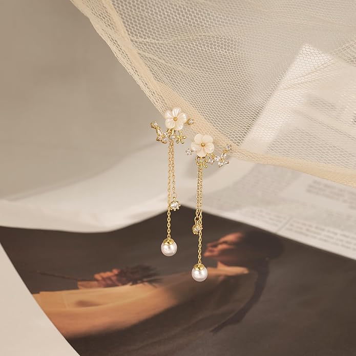 Gold Earrings for Women,Dainty 14k Gold Plated Pearl Drop Earring Dangle Pearl Dangling Earrings for Women Trendy Small Cute Wedding CZ Earring Long Chain Threader Prom Jewelry Gifts