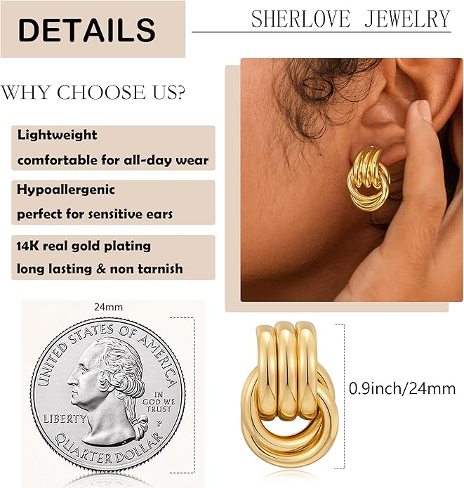 SHERLOVE Stocking Stuffers for Women Chunky Gold Knot Dangle Drop Earrings Trendy Statement Earrings Hypoallergenic Lightweight Gold Jewelry Women Christmas Gifts