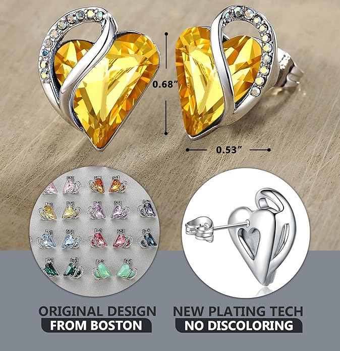 Earrings for Women, Mothers Day Gift for Mom, Heart Birthstone Crystal Stud Earring, Silver Plated Birthday Jewelry