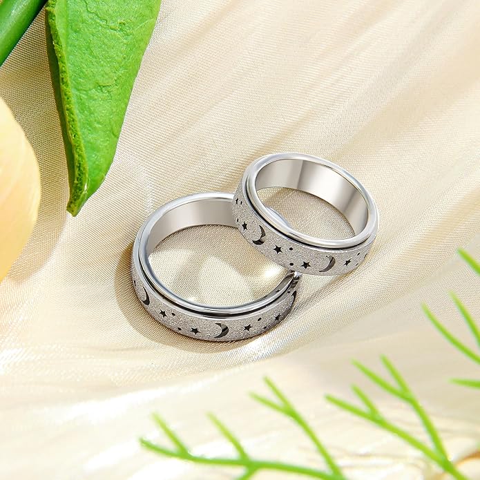 AmorArtSky Anxiety Ring for Women Men, Titanium Stainless Steel Spinner Ring, 5 Colors, 6MM, Size 6-10, 3 Styles Anxiety Ring-Moon Star, Sandblasted Finished, Hollow Outer