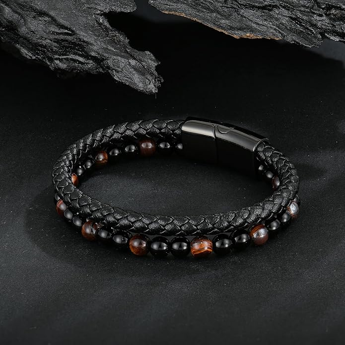 Mens Tiger Eye Matee Black Onyx Lava Rock Volcanic Stone Beaded Bracelet, Black Braided Leather Bracelet for Men