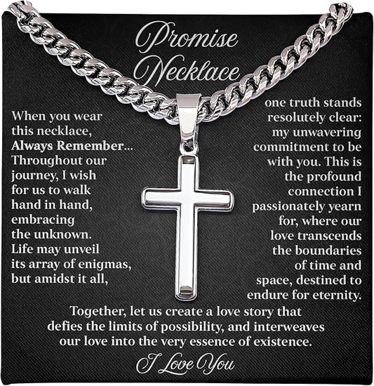 GLAVICY Promise Cross on Cuban Necklace For Him, Sentimental Gift for Husband, Boyfriend, Man with Message Card and Box, Promise Jewelry on Birthday, Valentine Day