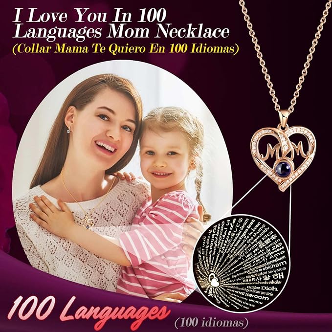 ADDWel Gifts for Mom from Daughter and Son, Unique Mother Birthday Gift Idea, Preserved Real Roses with I Love You in 100 Languages Mom Necklace, Cool Present to Mother Mama