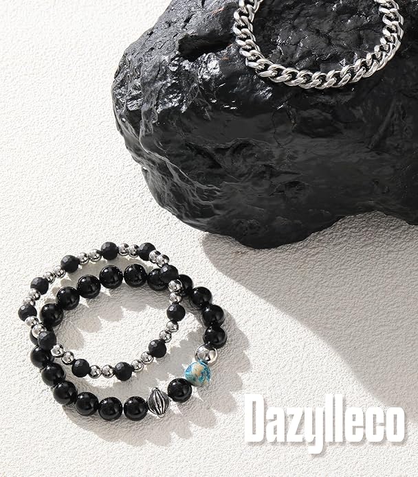3pc Mens Beaded Bracelets Silver Stainless Steel Chain Bracelet for Men Handmade Braided Bracelet Sets Jewelry Gifts for Men