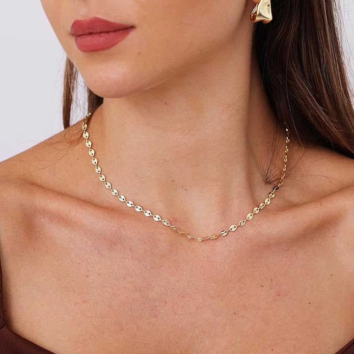 14K Gold Necklace for Women, Womens Dainty Chain Necklace Plated Shining Dots Satellite Choker Box Chain, Women Layering Necklaces