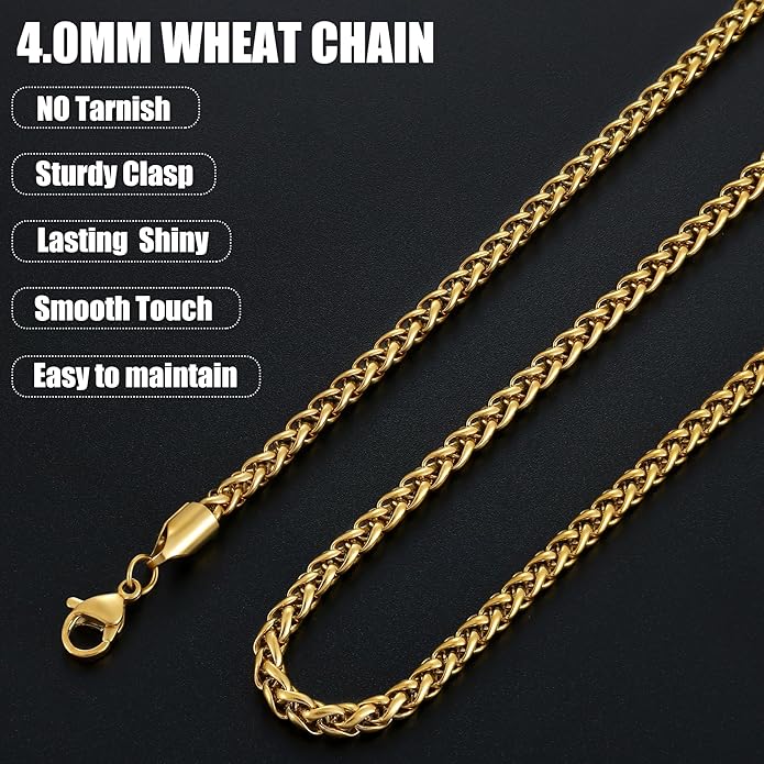 Fiusem Black Wheat Chains for Men and Women, 2/2.5/3/4/5mm Stainless Steel Necklace Chain, Mens Necklace Jewelry Gift 16-28 Inch