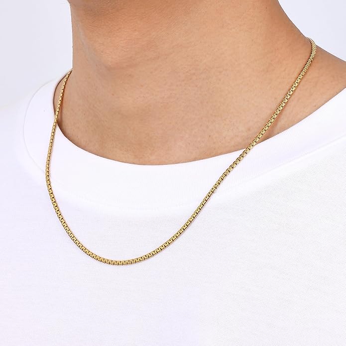 Fiusem Flat Box Chains for Men, 14k Gold Plated Stainless Steel Chain Necklace, 2.5/3/4/4.5/5mm Necklaces for Men and Women 16-28 Inch
