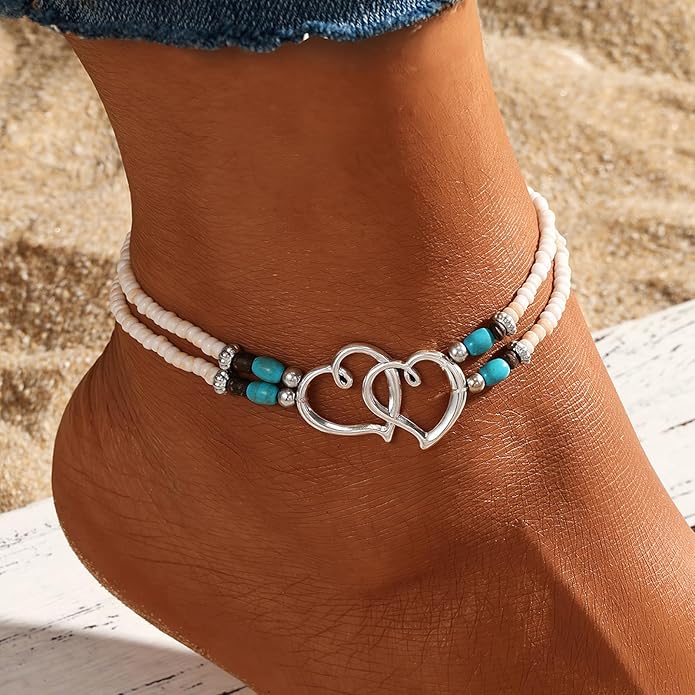 Shell Ankle Bracelet Set for Women, Gold Plated Boho Bead Adjustable Anklet, Hawaiian Beach Seashell Pearl Heart Starfish Conch Foot Jewelry Gifts