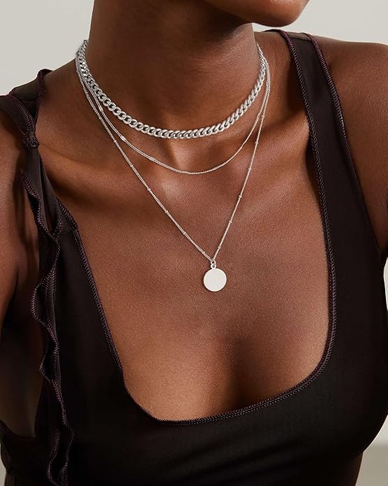 Layered Gold Silver Necklace for Women Non Tarnish,Dainty Choker Statement Chunky Necklace Stack Charm Pendant Chain Necklace Set 14K Gold Plated Long Stacked Womens Necklaces Trendy Jewelry Gift