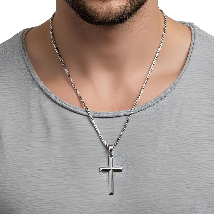 Fiusem Beveled Edge Cross Necklace for Men, Silver Tone/Black/14K Gold Plated Mens Cross Necklace, 2.5MM Stainless Steel Box Chain with Pendant