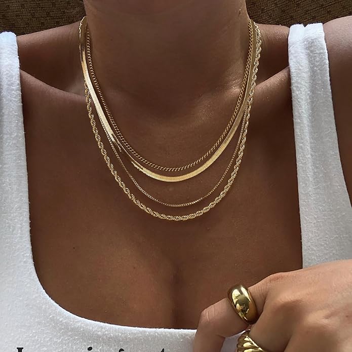 Tewiky Layered Necklaces for Women Non Tarnish- Chunky 14k Gold Plated Herringbone/Snake/Rope/Box/Cuban Link Chain for Women Waterproof Layering Stack Choker Necklace Trendy Dainty Tarnish Free Jewelry Set