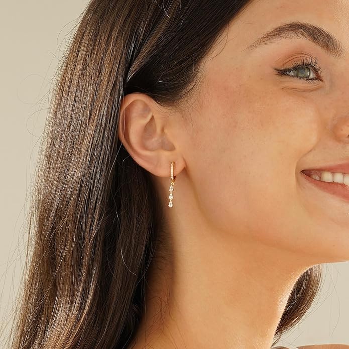 2 Pairs Gold Huggie Hoop Earrings for Women 14k Gold Plated Diamond Stud Earrings Set Drop Dangle Hypoallergenic Cubic Zirconia Flat Back Earring Gold Jewelry for Women Gift
