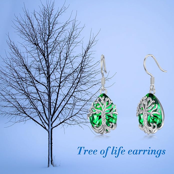 TOUPOP Tree of Life Earrings 925 Sterling Silver Family Tree Dangle Drop Earrings Crystal Jewelry Birthday Christmas Gifts for Women Her