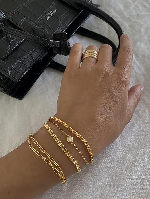 DEARMAY Waterproof Gold Plated Bracelets Set for Women Trendy, Dainty 14K Gold Jewelry Fashion Stackable Tennis Beaded Figaro Herringbone Paperclip Link Bracelet Pack Stack Gifts for Women