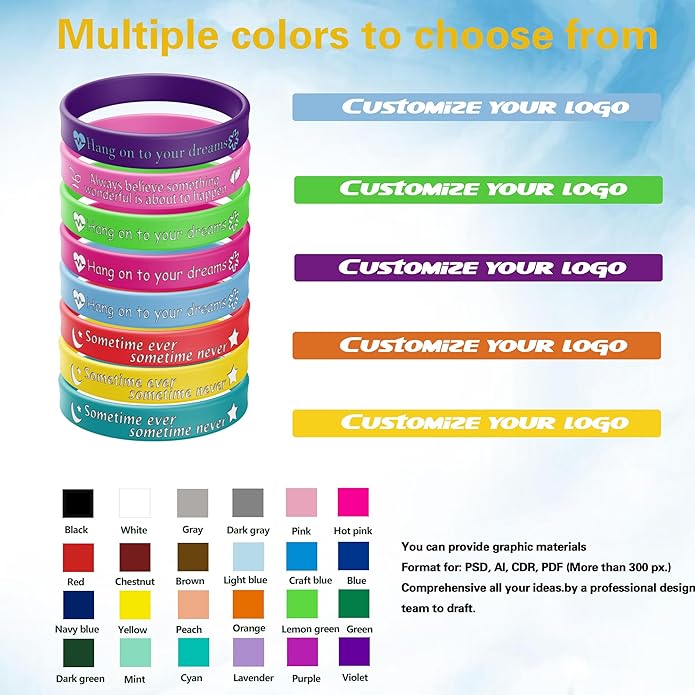 10-5000PCS Custom Rubber Bracelets Bulk, Personalized Silicone Wristbands with Text/Clipart, Customizable Silicone Bracelets for Sport, Events, Support, Parties,Fundraising