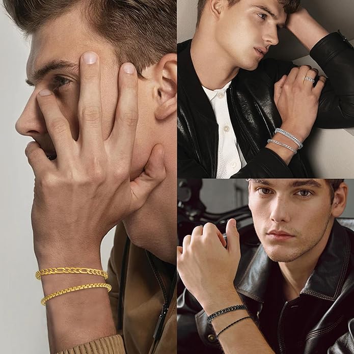 XIANNVXI 6pcs Stainless Steel Bracelets for Men Women Silver/Gold/Black Cuban Link Rope Paperclip Chain Bracelets Set 6.5/7/7.5/8.3/9 Inches Metal Bracelet Mens Fashion Accessories Jewelry Set