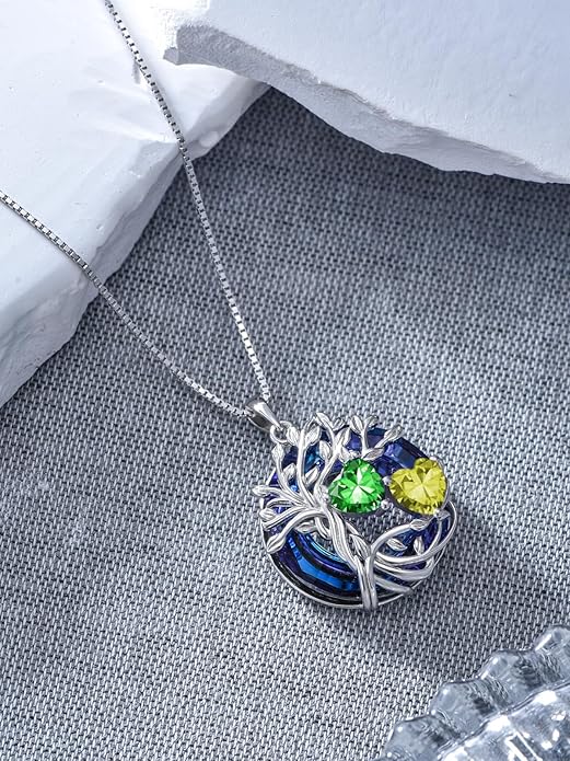 TOUPOP s925 Sterling Silver Family Celtic Tree of Life Pendant Necklaces with 2 Heart Birthstone with Blue Austrian Crystal Jewelry Birthday Anniversary Christmas Gifts for Her Wife Girlfriend Mom (18K Real White Gold Filled)