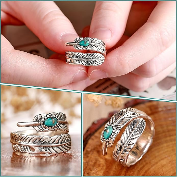Sterling Silver Feather Ring with Black Onyx & Turquoise - Adjustable Stacking Vintage Statement Ring for Women & Men