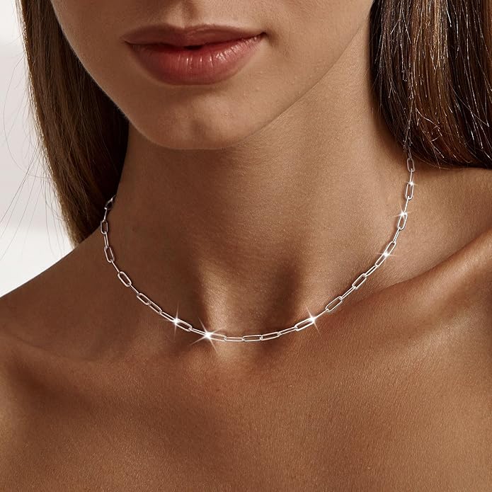 MBW Silver Paperclip Chain Necklace for Women,Dainty Sterling Silver Choker Necklaces for Women Trendy Simple Long Chunky Minimalist Waterproof Link Necklace Jewelry Gifts for Women 16/18/20 in