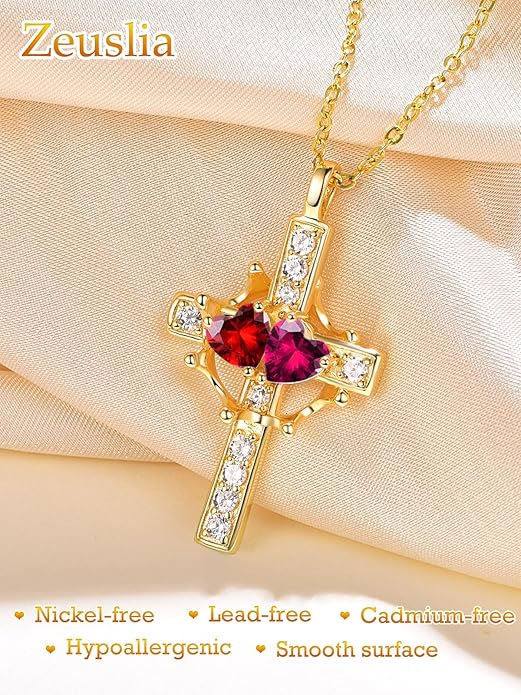 Zeuslia Double Birthstone Necklace Gifts for Wife - 925 Sterling Silver Sunflower/Rose/Crown Cross/Compass/Heart Pendant I Love You Necklace, Anniversary Birthday Gifts for Wife Girlfriend Mom Her