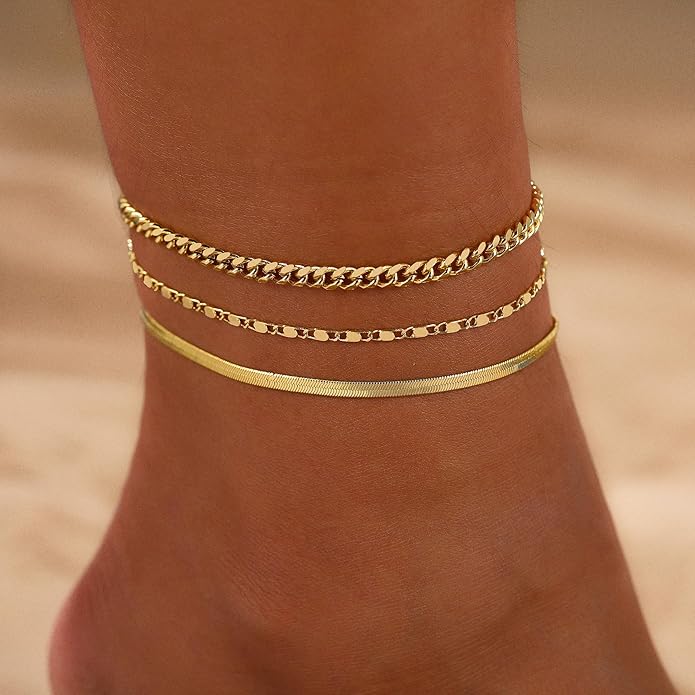 2/3 PCS Gold Anklets for Women Waterproof Cuban Link Anklet Beaded Bracelets Stackable Bracelets 14K Gold Plated Custom Jewelry Gifts Non Tarnish Lightweight