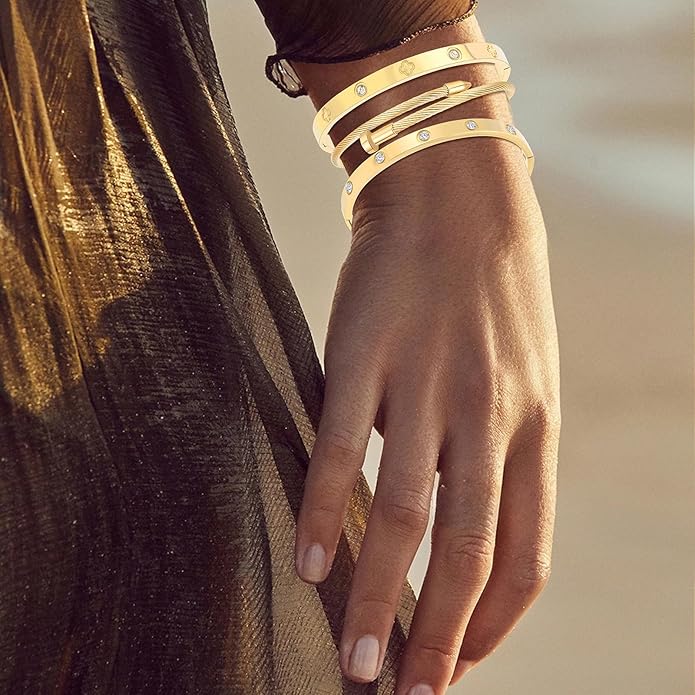 Gold Bracelets for Women - Stackable Bangles with Friendship & Love Theme - Stainless Steel Jewelry Gift for Her