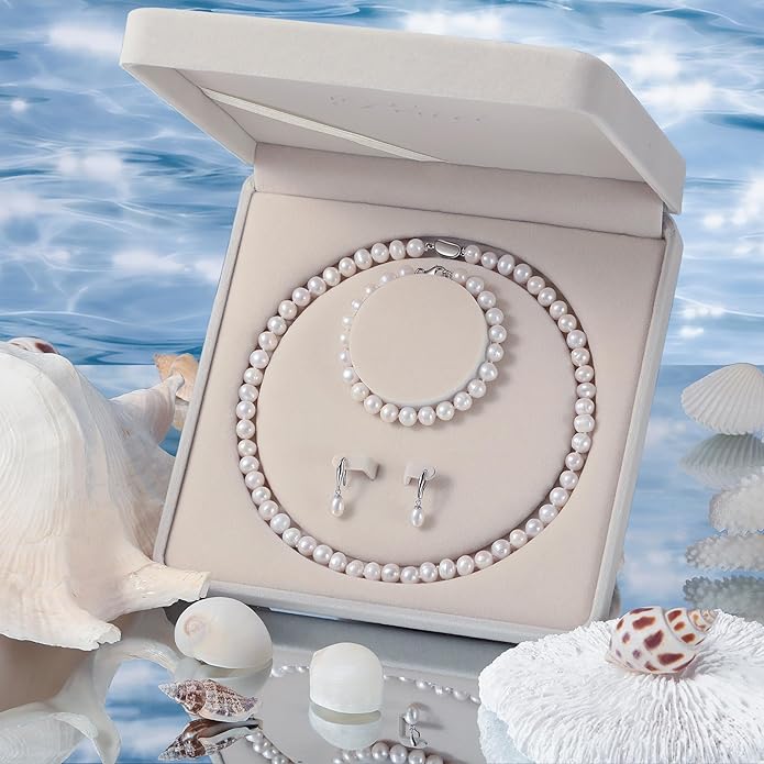 Freshwater Pearl Necklaces Set for Women Includes White Silver Pearl Bracelet and Pearl Diamond Stud Earrings Jewelry Set for Women Men Mother Wife Girlfriend Birthday Wedding Christmas Gifts