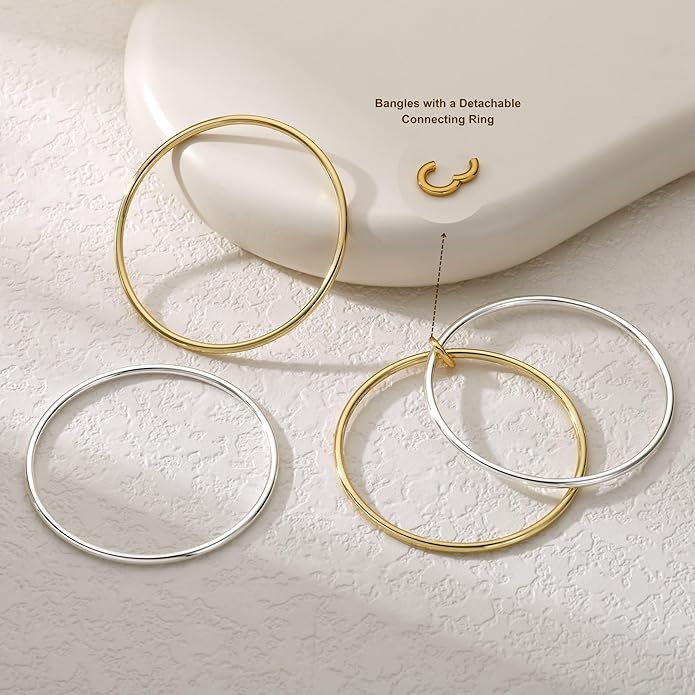 NOKMIT 2PCS 14K Gold Silver Tone Stackable Bangle Bracelets for Women, High Polished Thin Plain Stainless Steel Bangle with Detachable Connector Ring, Non-Tarnish Mixed Metal Jewelry