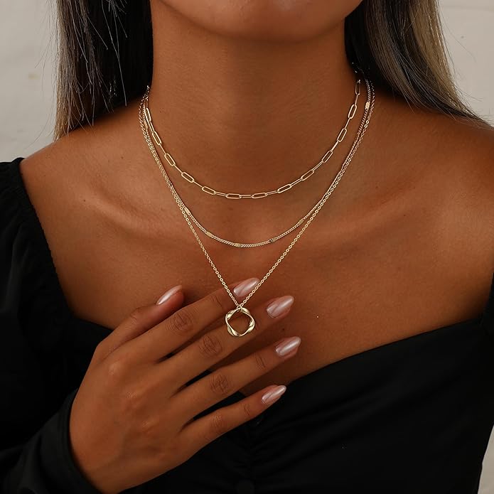 Layered Necklaces for Women 14K Gold Plated Stack Circle Pendant Trendy Long Chain Stackable Handmade Coin Necklace Set Dainty Gold Stacked Jewelry Gifts