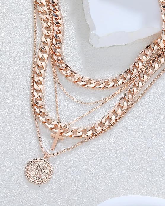 MJartoria Layered Necklaces for Women Trendy Retro Coin Pendant Necklace Dainty Chunky Chain Choker Necklaces for Jewelry Birthday Gifts