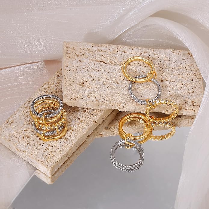 BROCC Stackable Rings for Women 18K Gold Plated Non Tarnish Cubic Zirconia Two-Toned Connected Bands Silver Gold Multi Ring Mixed Metals Stacking Rings Set