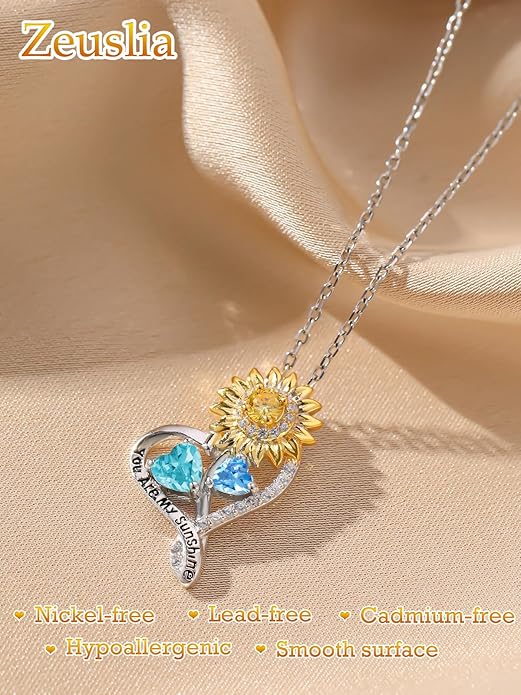 Zeuslia Double Birthstone Necklace Gifts for Wife - 925 Sterling Silver Sunflower/Rose/Crown Cross/Compass/Heart Pendant I Love You Necklace, Anniversary Birthday Gifts for Wife Girlfriend Mom Her