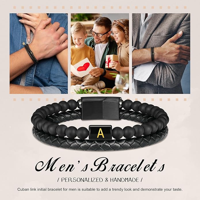 FOCOOG Leather Bracelets for Mens Gifts - Premium Genuine Leather Natural Lava Rock Matte Agate Adjustable Stainless Steel Magnetic Clasp Initial Bracelet, Unique Gifts for Men Husband Dad Son