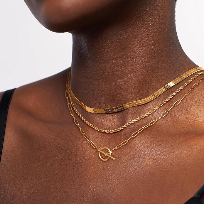 Freekiss Gold Layered Toggle Necklaces for Women: 14K Gold Plated Dainty Link Chain Necklaces Paperclip Cuban Rope Adjustable Choker T-Bar Toggle Clasp Chunky Necklace for Women Trendy Jewelry