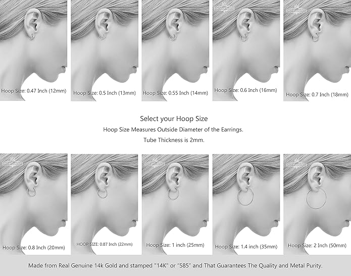 14k White Gold Polished Real Gold Hoop Earrings, Plain Round Gold Hoops, White Gold Hoop Earrings