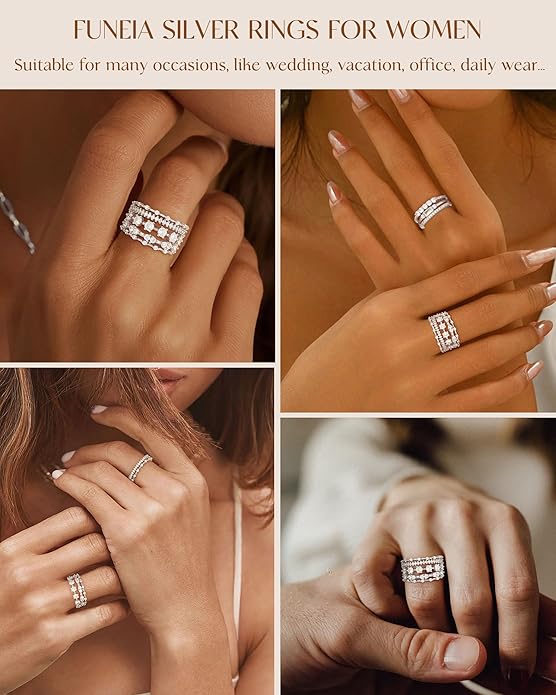 FUNEIA Stackable Silver Gold Rings for Women Non Tarnish 14K Gold Plated Thumb Cubic Zirconia Rings for Women Dainty Pinky Promise Wedding Ring Set Women's Engagement Eternity Band Rings Gold Jewelry