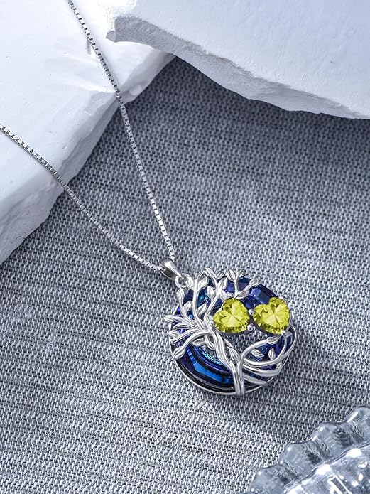 TOUPOP s925 Sterling Silver Family Celtic Tree of Life Pendant Necklaces with 2 Heart Birthstone with Blue Austrian Crystal Jewelry Birthday Anniversary Christmas Gifts for Her Wife Girlfriend Mom (18K Real White Gold Filled)