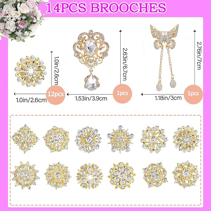 Yhsheen Gold Rhinestone Brooches Pin Kits Crystal Pearl Brooches for Bouquets for Wedding Decoration Accessories Jewelry Making Crafts(Gold-14PCS)-D