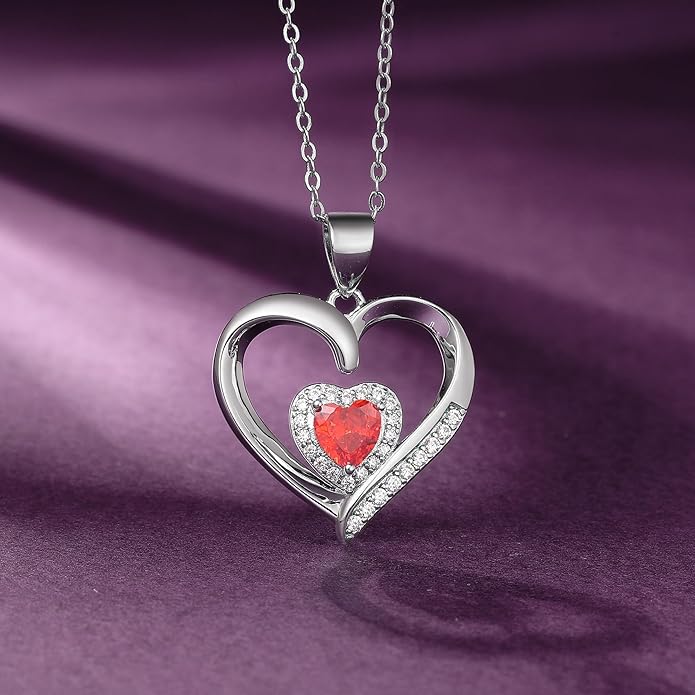 GLIVEOR Heart Birthstone Necklace for Women,S925 Sterling Silver Necklace Birthstone Necklace Heart Necklace for Women Birthday Jewelry Gifts for Women