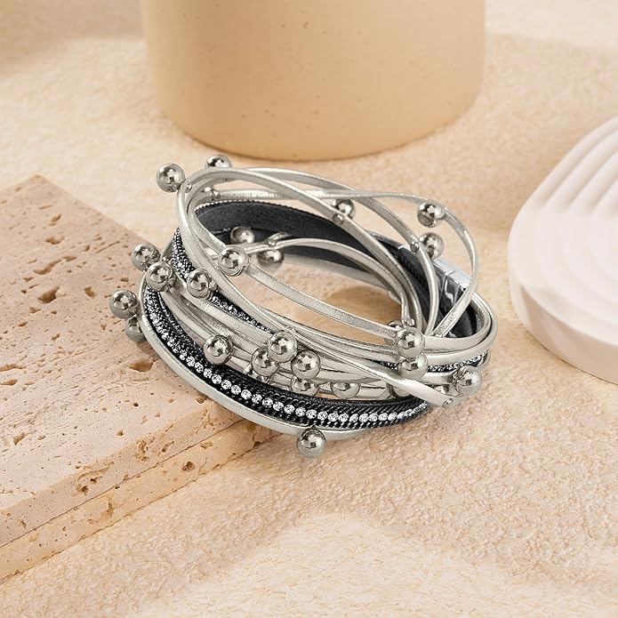 ENGCKSHI Wrapped Bracelets for Women,Leather Bracelet,Boho Bracelets for Women,Multi-Layer Pearl Crystal Bracelet Bangle Jewelry